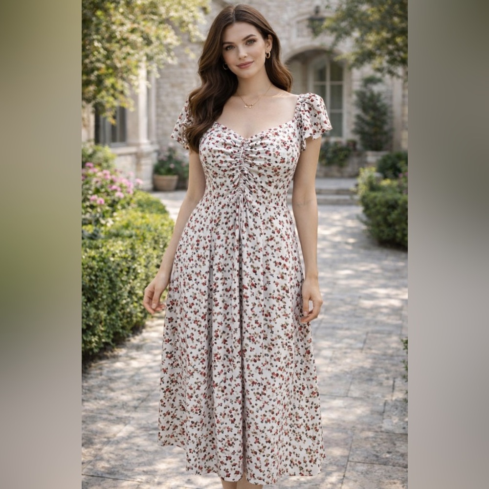 Elegant Floral Midi Dress with Ruffle Sleeves
